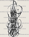Cybersigilism cathedral tower tattoo stencil with gothic spire, arched windows, cross details, crescent moon accents, and sharp sigil linework