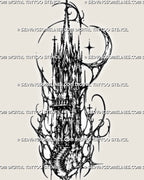 Cybersigilism cathedral tower tattoo stencil with gothic spire, arched windows, cross details, crescent moon accents, and sharp sigil linework