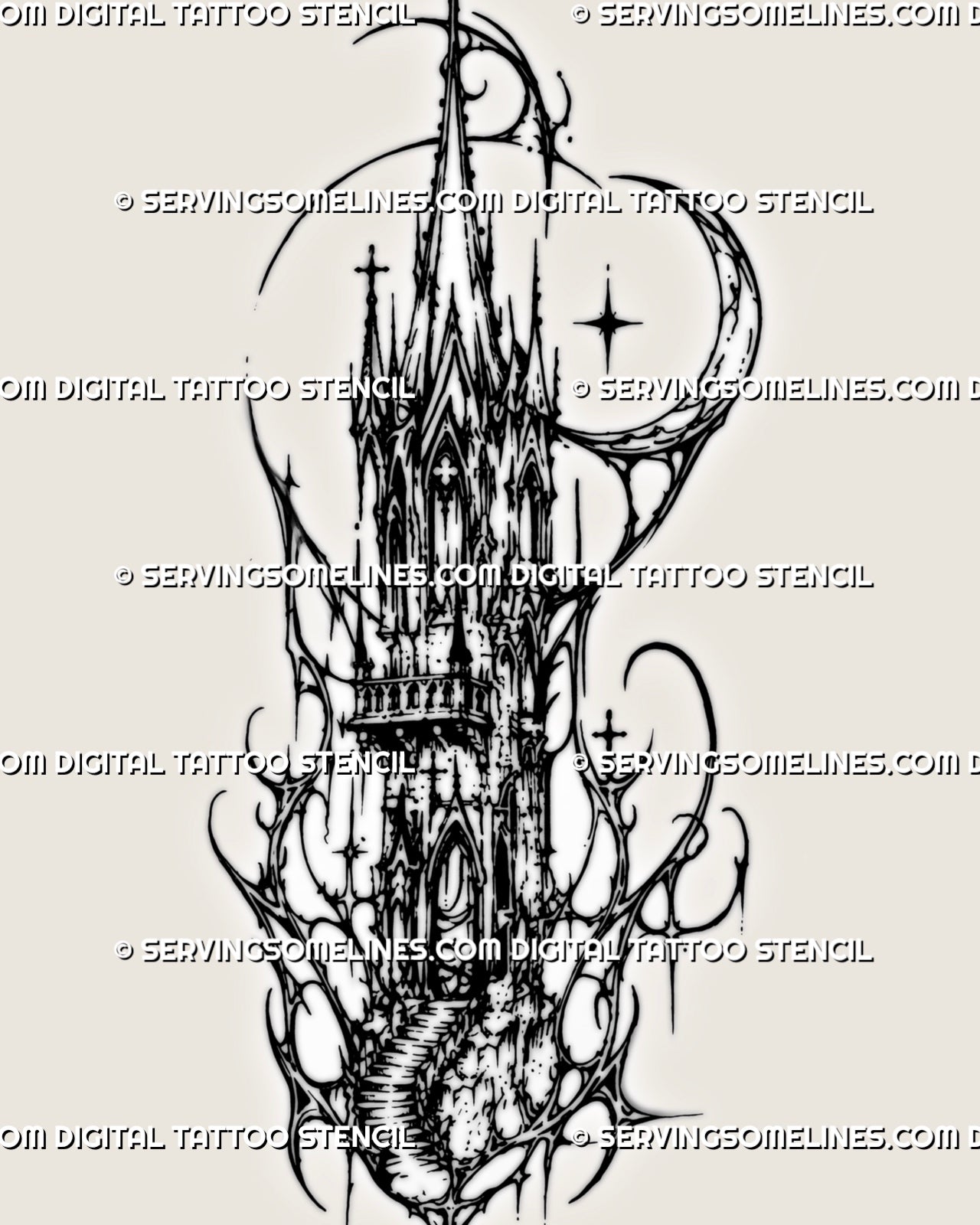 Cybersigilism cathedral tower tattoo stencil with gothic spire, arched windows, cross details, crescent moon accents, and sharp sigil linework