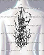 Cybersigilism cathedral tower tattoo stencil shown on spine and upper back with long gothic spire, crescent moon, cross details, and cyber ornamental linework