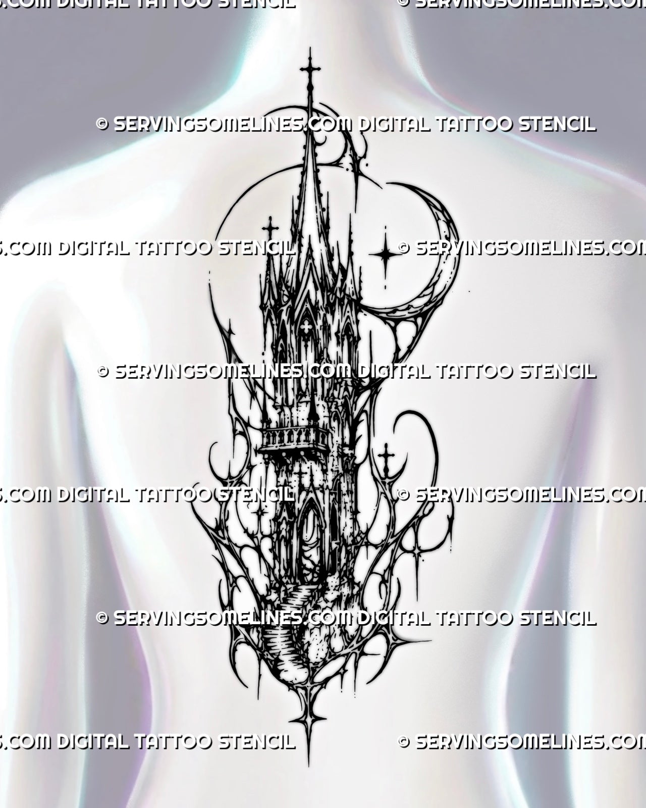 Cybersigilism cathedral tower tattoo stencil shown on spine and upper back with long gothic spire, crescent moon, cross details, and cyber ornamental linework