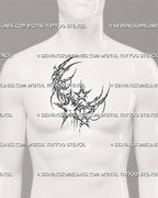 Cybersigilism celestial tattoo stencil shown on men’s chest center with crescent moon, starbursts, chain detail, and bold ornamental moon design