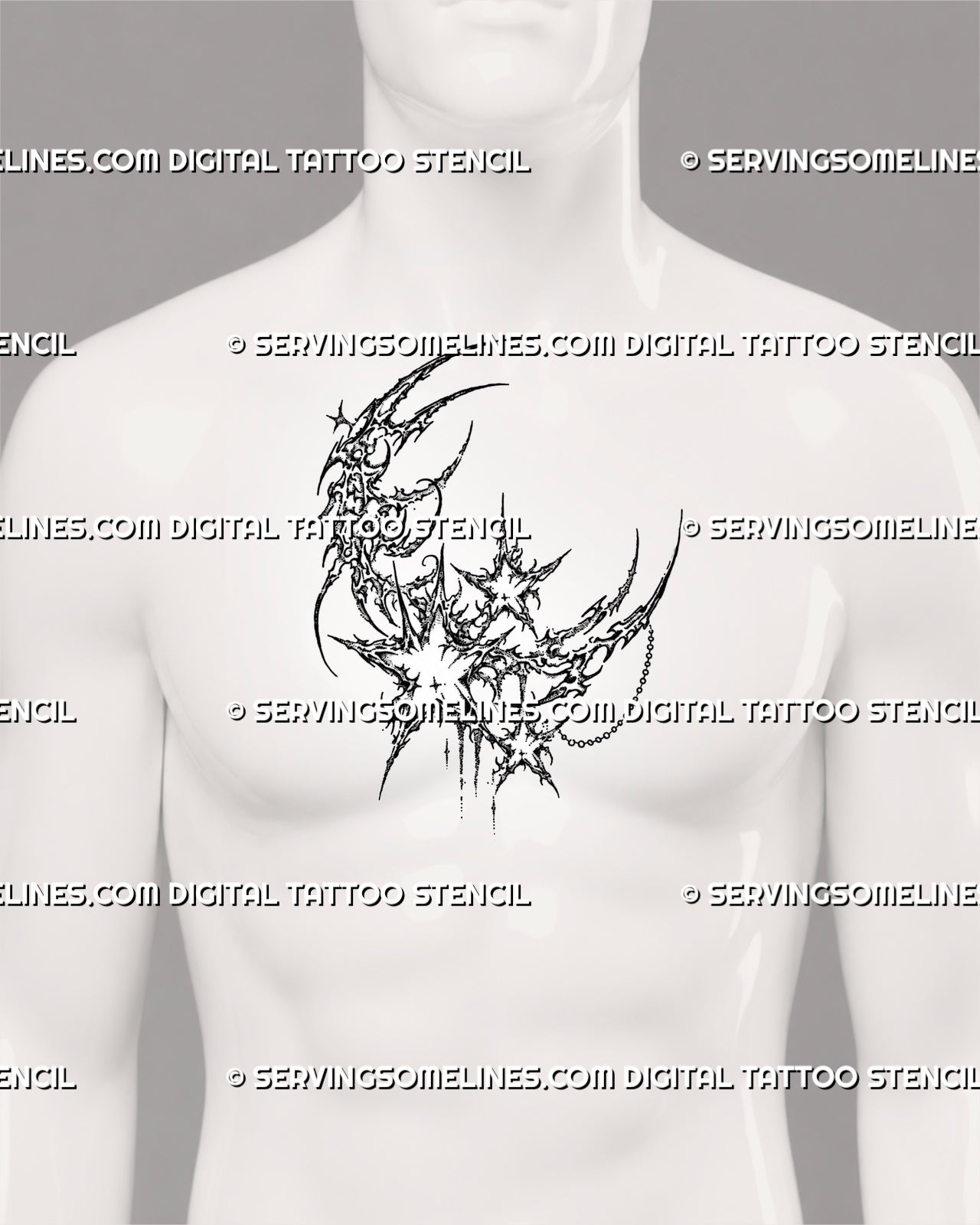 Cybersigilism celestial tattoo stencil shown on men’s chest center with crescent moon, starbursts, chain detail, and bold ornamental moon design