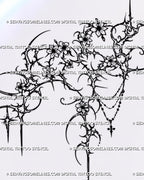 Cybersigilism cherry blossom tattoo stencil artwork with an asymmetrical floral spread, thorned curves, long spikes, three bead strands and a cross charm. 