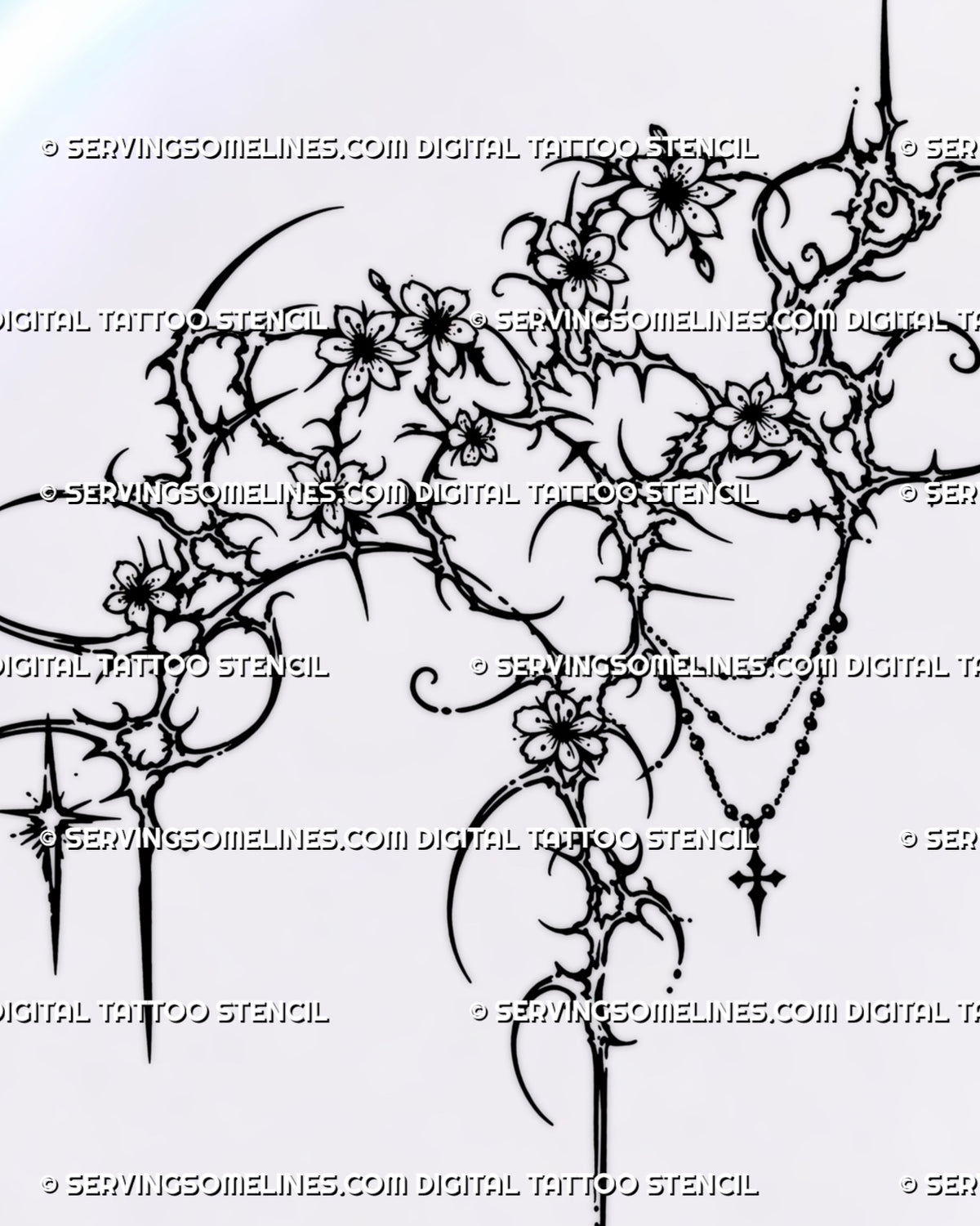 Cybersigilism cherry blossom tattoo stencil artwork with an asymmetrical floral spread, thorned curves, long spikes, three bead strands and a cross charm. 