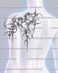 Shoulder placement preview on a woman, showing cherry blossoms within spiked cybersigilism curves, with draped bead chains and a cross charm. 