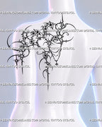 Shoulder placement preview on a woman, showing cherry blossoms within spiked cybersigilism curves, with draped bead chains and a cross charm. 