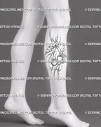 Cybersigilism cherry tattoo stencil shown on calf with vertical twin-cherry composition, stippled fruit detail, sharp cyber framing, circular openings, and pointed lower extensions