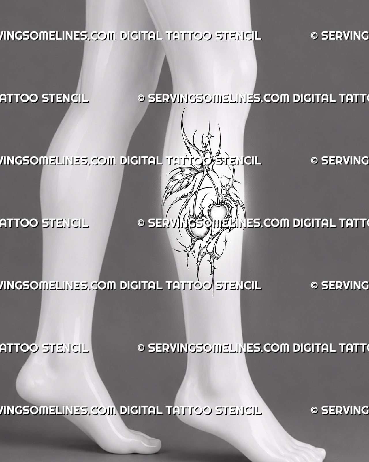 Cybersigilism cherry tattoo stencil shown on calf with vertical twin-cherry composition, stippled fruit detail, sharp cyber framing, circular openings, and pointed lower extensions