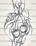 Cybersigilism cherry tattoo stencil with twin shaded cherries, curved stems, thorn-like cyber framing, broken loops, starbursts, and open negative space