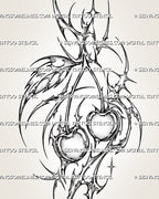 Cybersigilism cherry tattoo stencil with twin shaded cherries, curved stems, thorn-like cyber framing, broken loops, starbursts, and open negative space