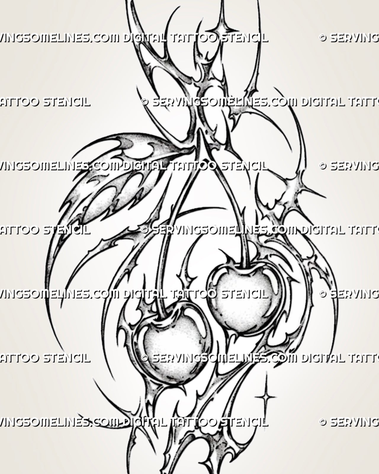 Cybersigilism cherry tattoo stencil with twin shaded cherries, curved stems, thorn-like cyber framing, broken loops, starbursts, and open negative space