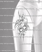 Cybersigilism cherry tattoo stencil shown on women’s thigh with twin shaded cherries, open negative space, hooked cyber lines, sharp points, and radiant accents