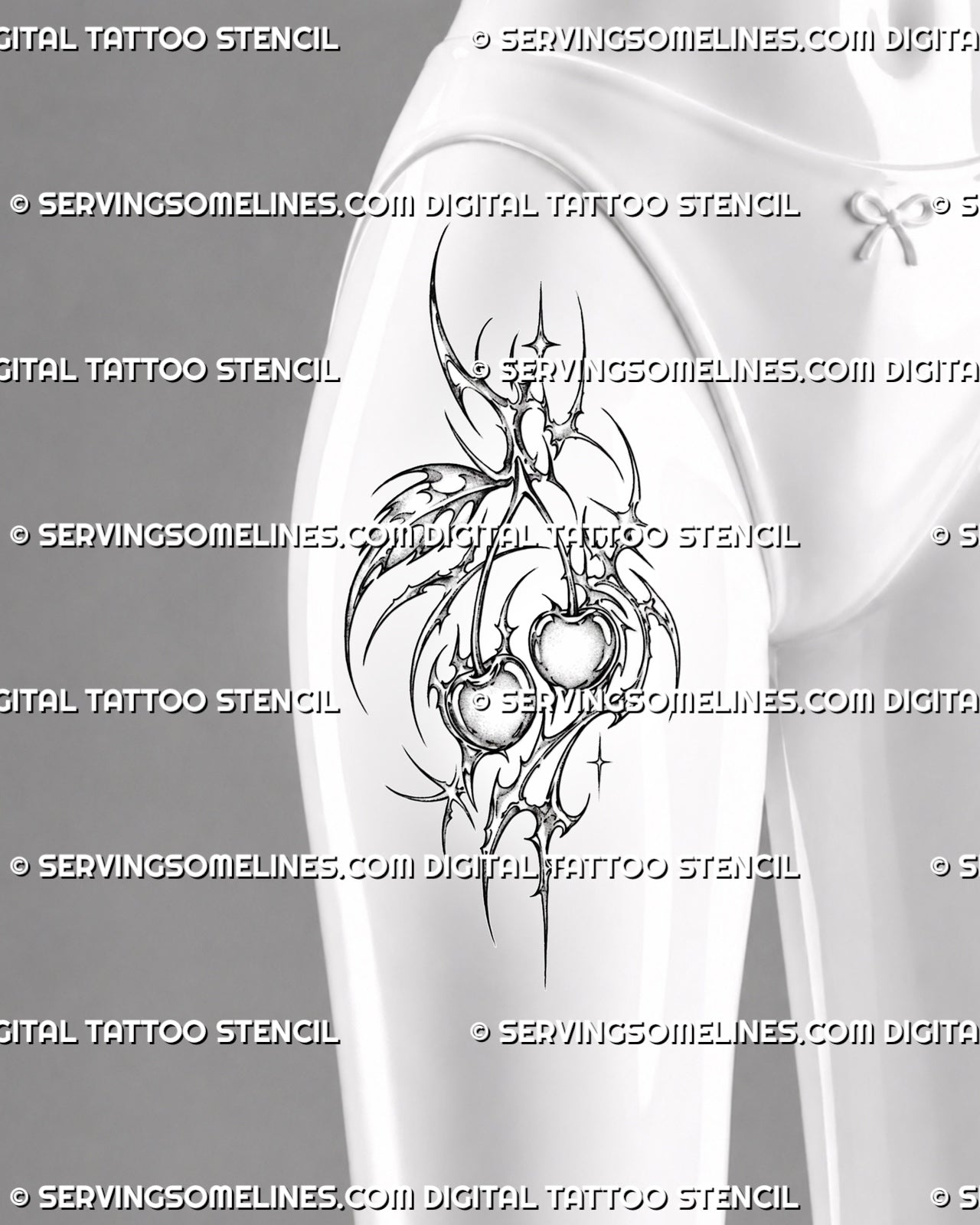 Cybersigilism cherry tattoo stencil shown on women’s thigh with twin shaded cherries, open negative space, hooked cyber lines, sharp points, and radiant accents