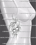 Cybersigilism cherry tattoo shown on women’s ribs with twin cherries, stippled shading, thorn-like framing, starburst details, and open cyber-organic linework