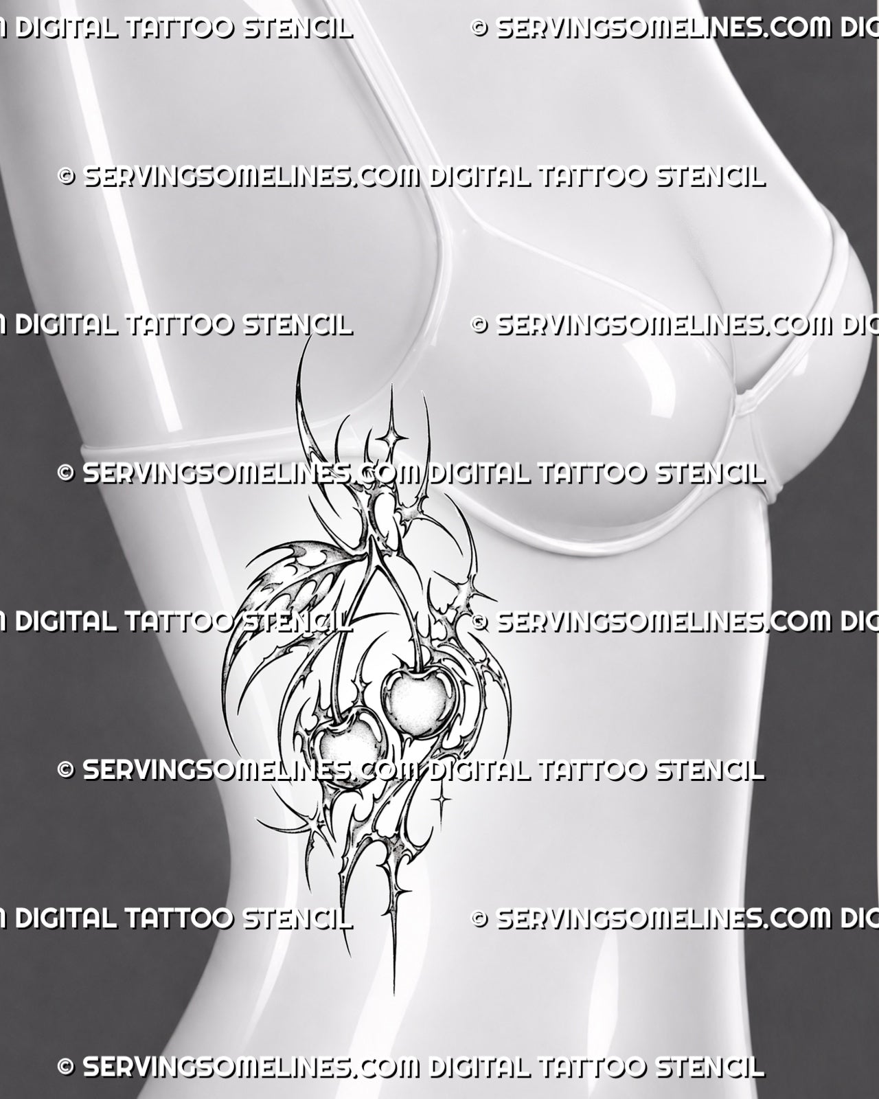 Cybersigilism cherry tattoo shown on women’s ribs with twin cherries, stippled shading, thorn-like framing, starburst details, and open cyber-organic linework