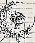 Cybersigilism crescent moon eye tattoo stencil with detailed eye, sharp crescent frame, star-like accents, and clean black linework 