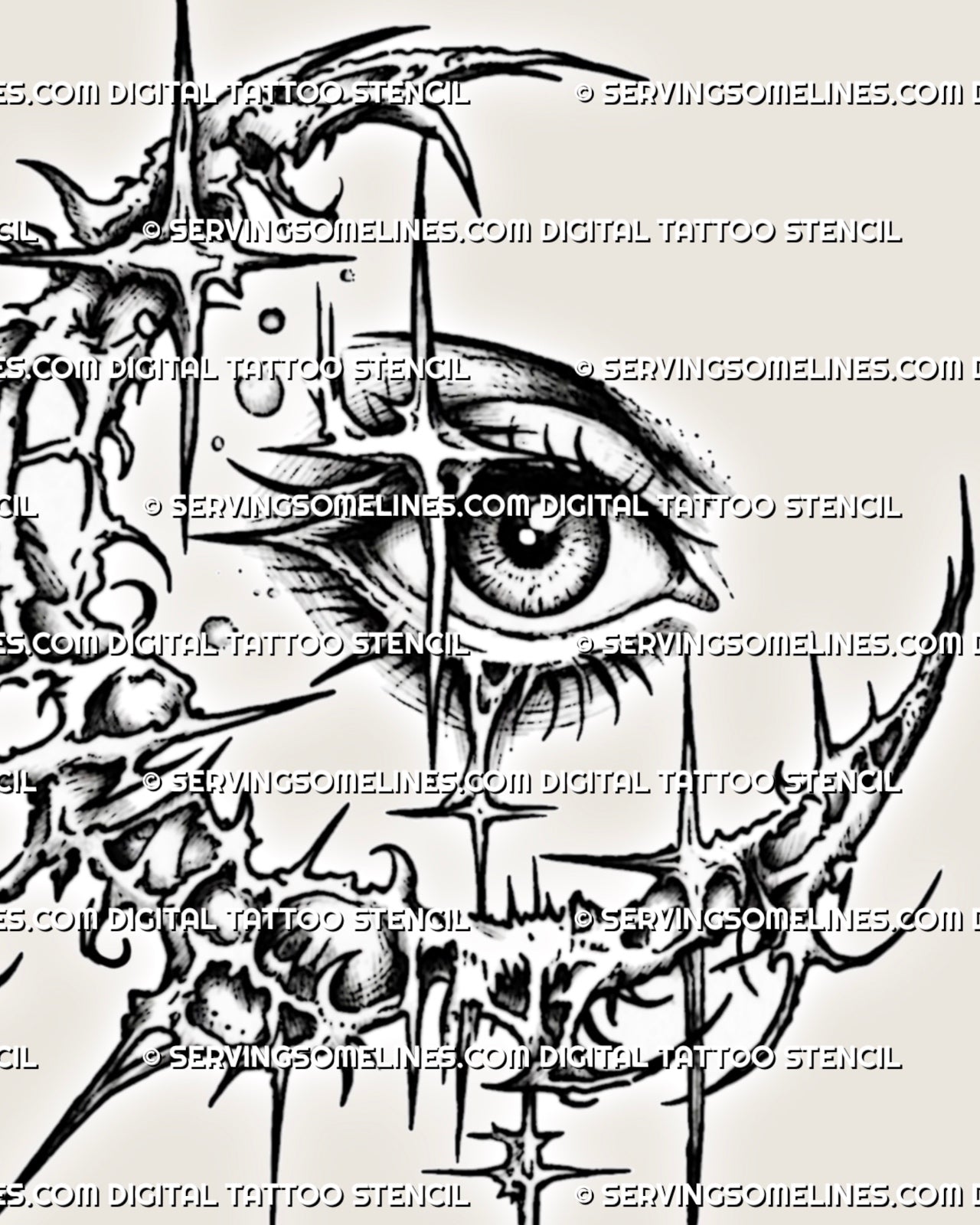 Cybersigilism crescent moon eye tattoo stencil with detailed eye, sharp crescent frame, star-like accents, and clean black linework 