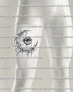Cybersigilism crescent moon eye tattoo stencil shown on men’s thigh placement, with curved moon shape, detailed eye, and black stencil lines 