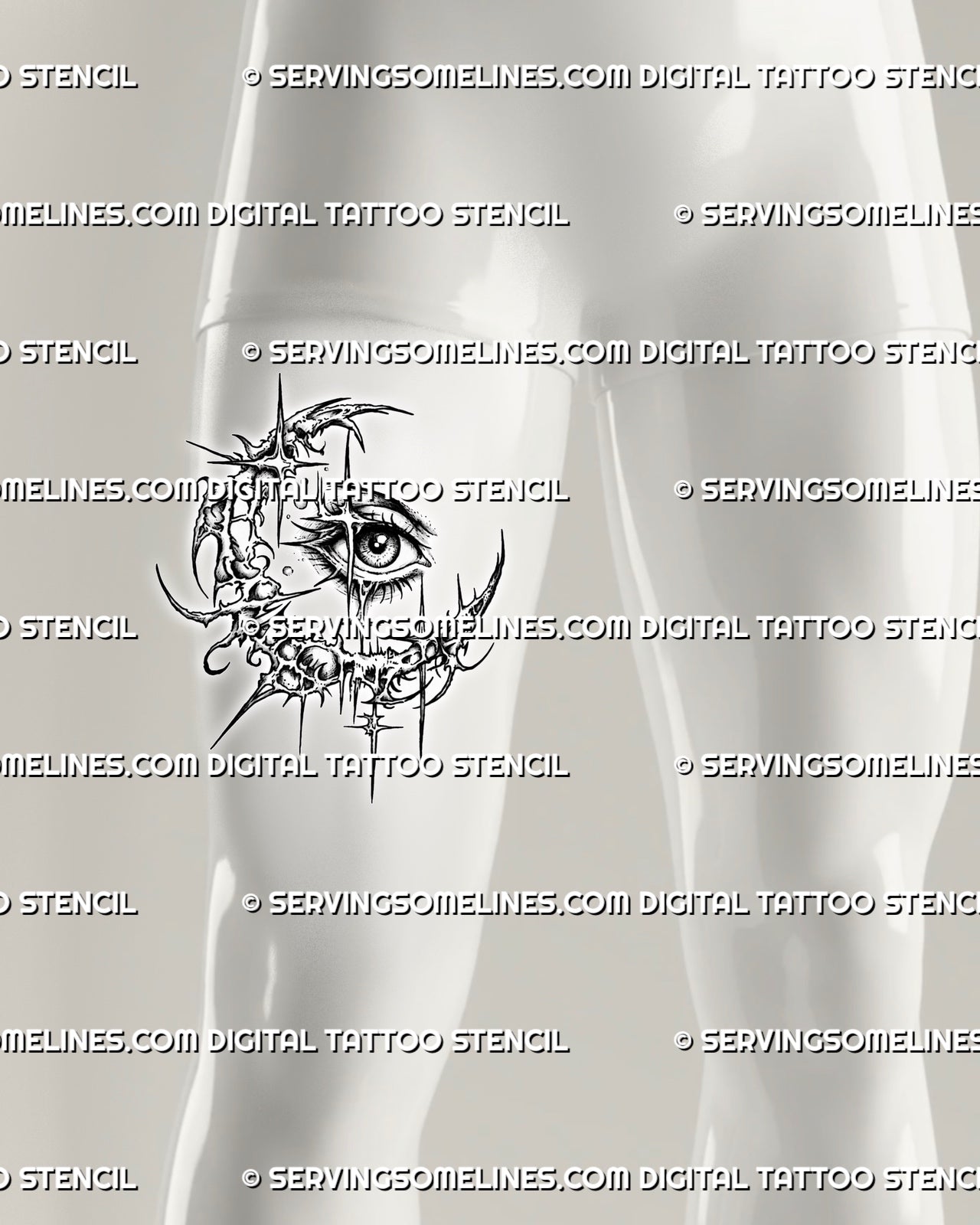 Cybersigilism crescent moon eye tattoo stencil shown on men’s thigh placement, with curved moon shape, detailed eye, and black stencil lines 
