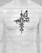 Cybersigilism cross tattoo stencil shown on men’s chest placement with butterfly wing accent and sharp cyber tribal lines