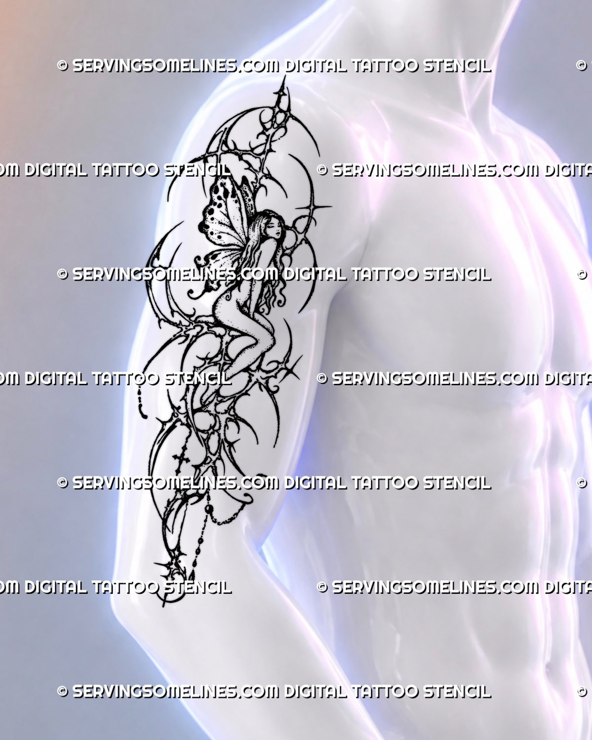Men’s upper-arm tattoo placement preview showing a seated fairy with patterned wings, elongated cybersigilism spikes, open negative space and trailing bead details.