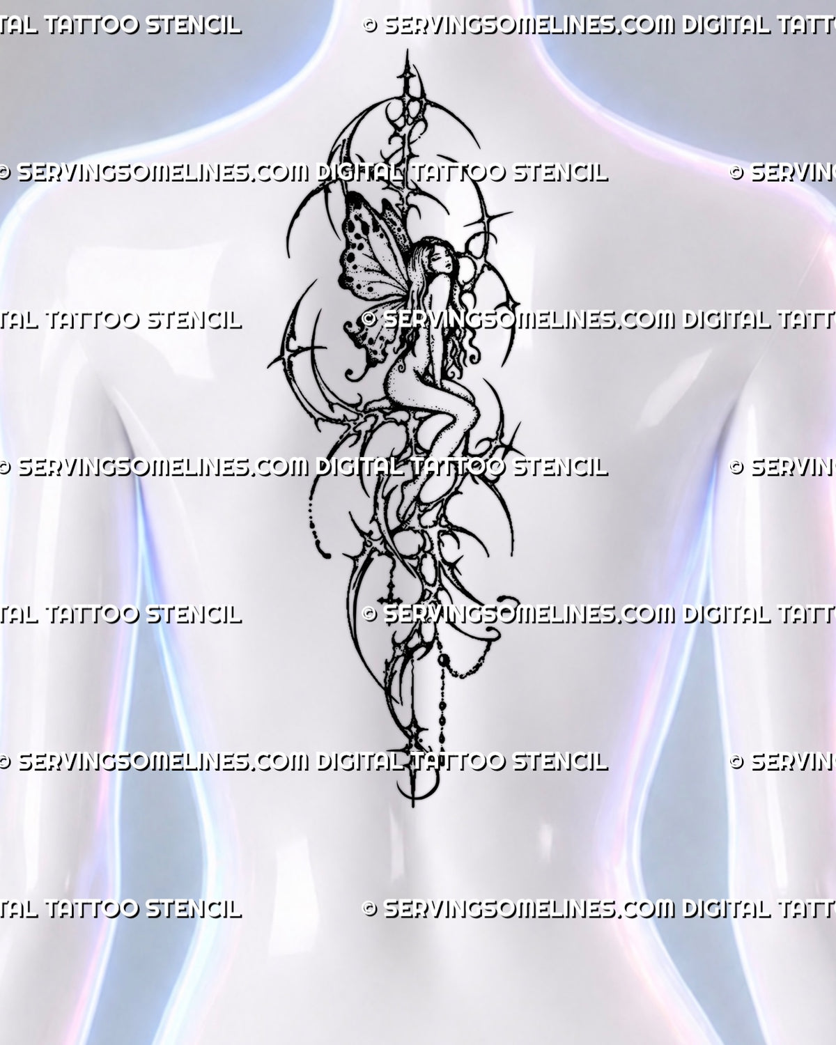 Spine tattoo placement preview showing a winged fairy within an elongated cybersigilism framework, with asymmetrical arcs, pointed extensions and trailing ornaments.