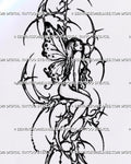 Printable cybersigilism fairy tattoo stencil artwork with a seated figure, spotted butterfly-like wings, sweeping spikes, a hanging cross and trailing bead details. |
