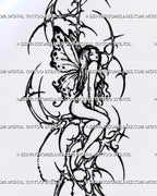 Printable cybersigilism fairy tattoo stencil artwork with a seated figure, spotted butterfly-like wings, sweeping spikes, a hanging cross and trailing bead details. |