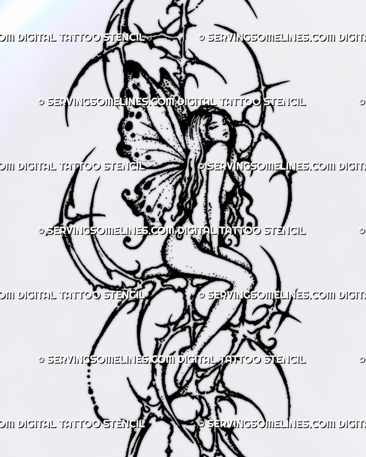 Printable cybersigilism fairy tattoo stencil artwork with a seated figure, spotted butterfly-like wings, sweeping spikes, a hanging cross and trailing bead details. |