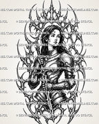 Cybersigilism female knight tattoo stencil with armored female warrior, sword, sharp cyber sigil frame, and cyber tribal ornamental linework