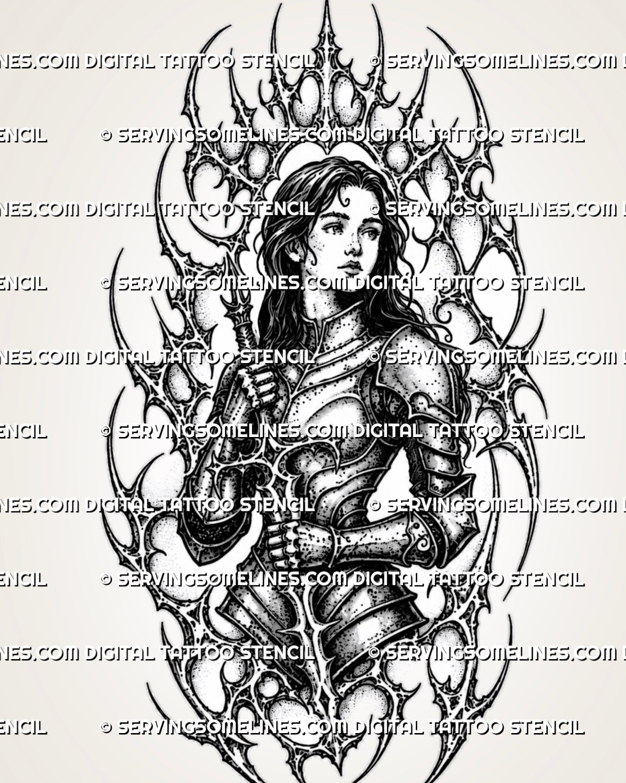 Cybersigilism female knight tattoo stencil with armored female warrior, sword, sharp cyber sigil frame, and cyber tribal ornamental linework