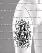 Cybersigilism female knight tattoo stencil shown on women’s thigh with sword, detailed armor, cyber sigil frame, and bold warrior tattoo layout
