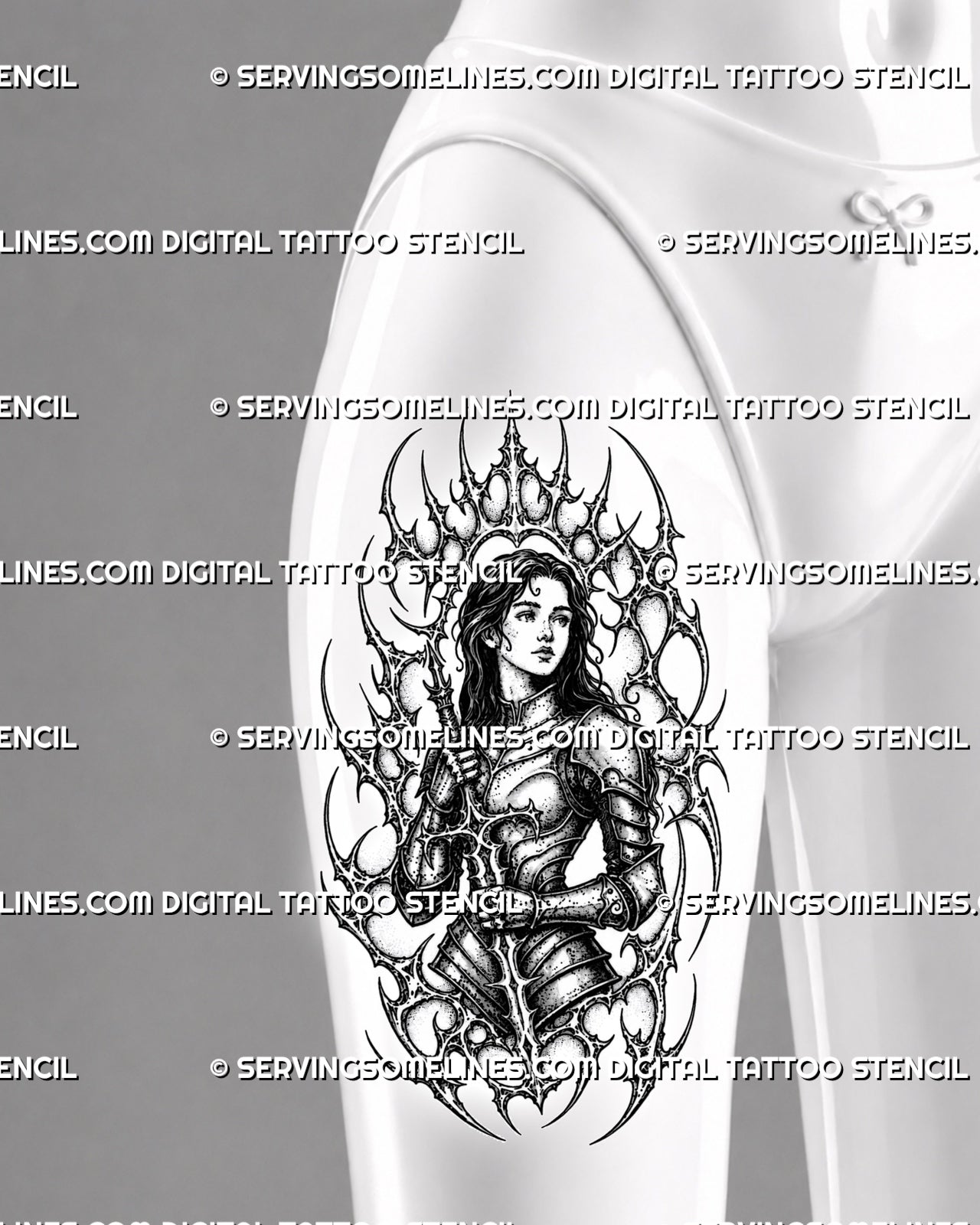 Cybersigilism female knight tattoo stencil shown on women’s thigh with sword, detailed armor, cyber sigil frame, and bold warrior tattoo layout