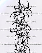 Cybersigilism floral spine tattoo stencil with four open flowers, sharp neotribal blackwork curves, thorn-like points, ornamental curls, stars, and dotted details