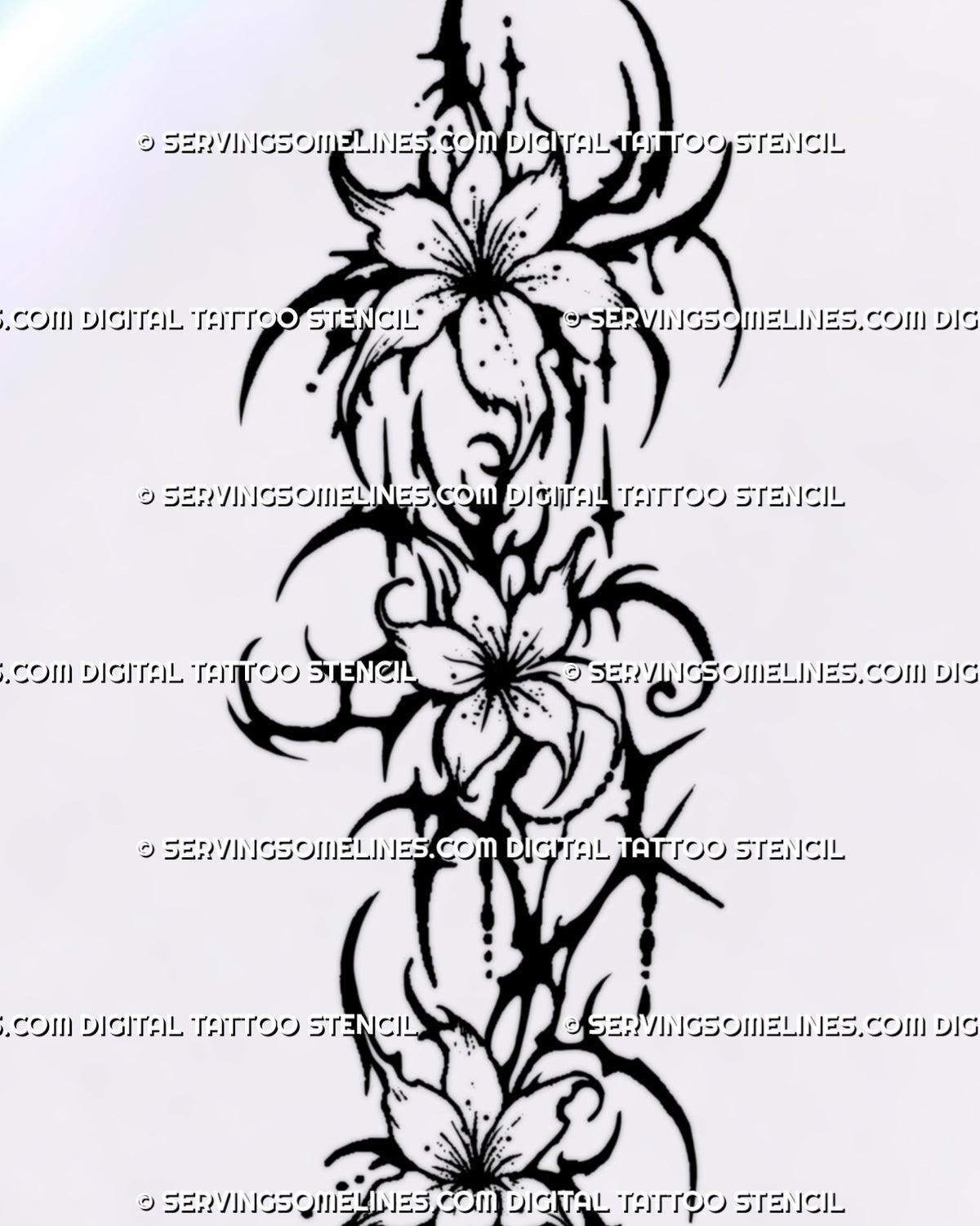 Cybersigilism floral spine tattoo stencil with four open flowers, sharp neotribal blackwork curves, thorn-like points, ornamental curls, stars, and dotted details