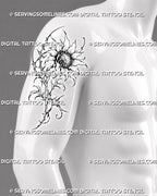 Cybersigilism flower tattoo shown on a man’s upper arm with a recognizable sunflower bloom, sharp thorned branches, hooked leaves, and stippled shading