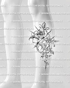 Cybersigilism flower tattoo stencil displayed on calf placement, with rose-first bloom, sharp sigil details, and readable vertical flow. 