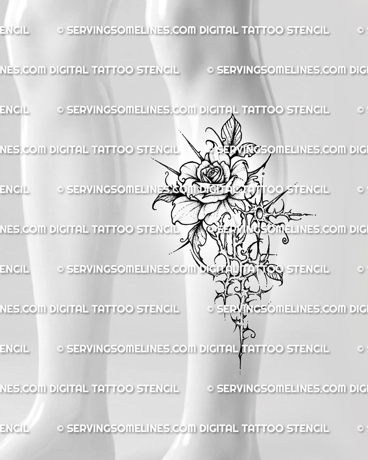 Cybersigilism flower tattoo stencil displayed on calf placement, with rose-first bloom, sharp sigil details, and readable vertical flow. 