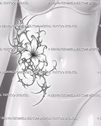 Cybersigilism flower tattoo stencil shown on women’s side stomach and waist with vertical floral shape, pointed cyber linework, and ornamental flow