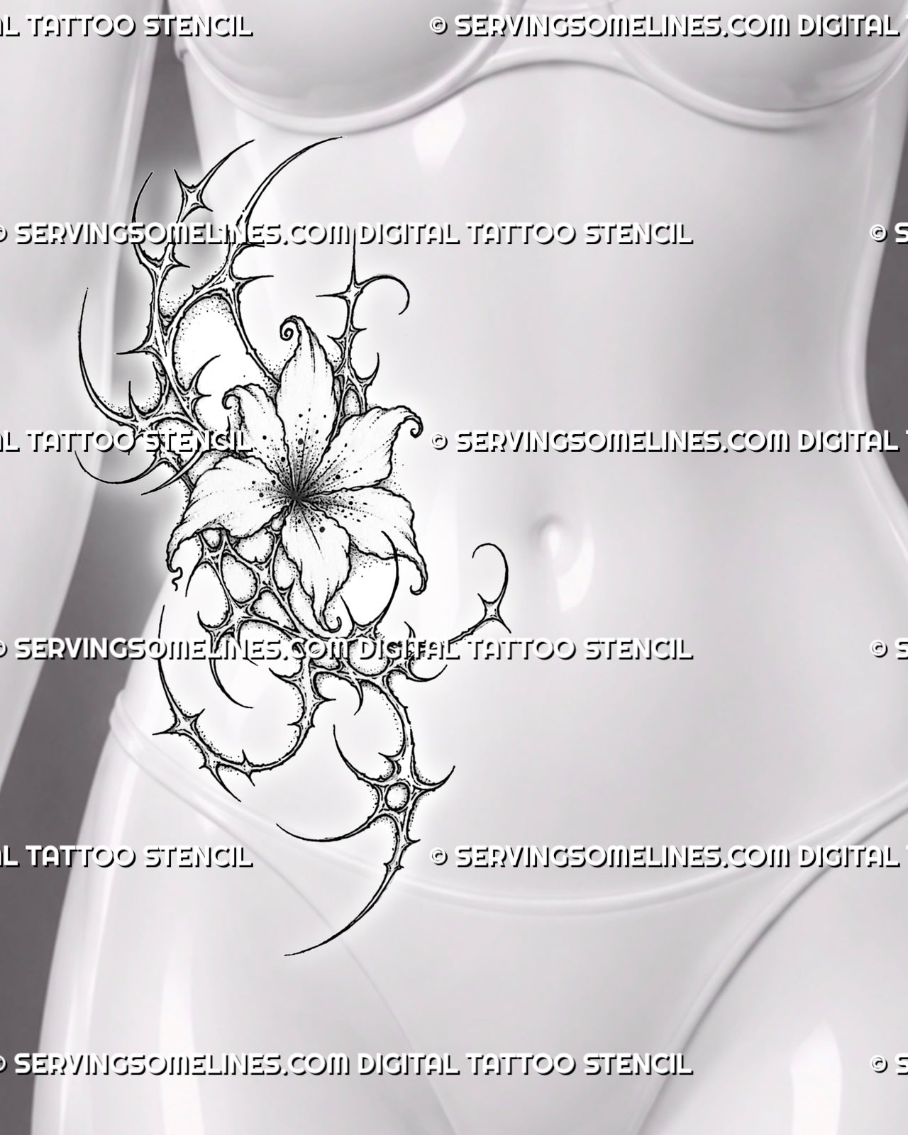 Cybersigilism flower tattoo stencil shown on women’s side stomach and waist with vertical floral shape, pointed cyber linework, and ornamental flow