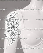 Cybersigilism flower tattoo stencil shown on women’s upper arm with open flower, sharp cyber sigil linework, ornamental framing, and vertical floral flow