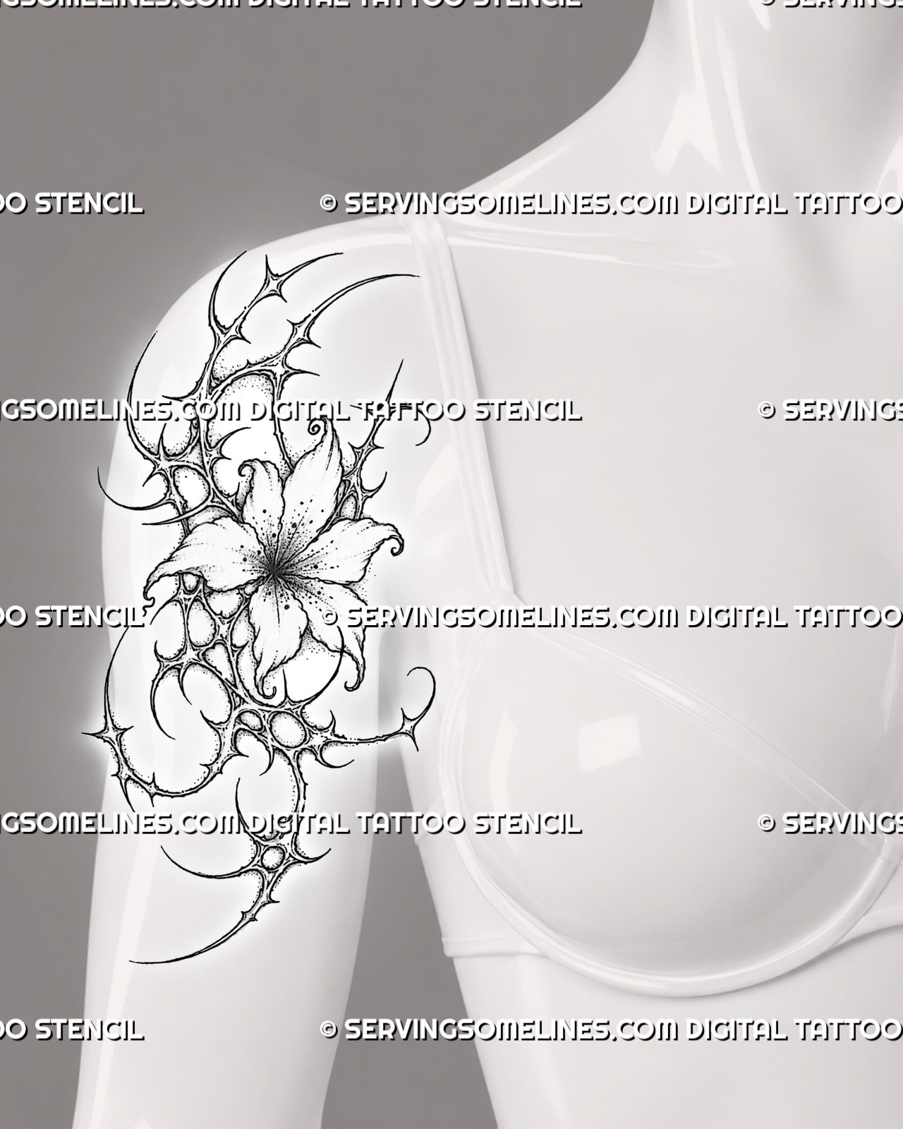 Cybersigilism flower tattoo stencil shown on women’s upper arm with open flower, sharp cyber sigil linework, ornamental framing, and vertical floral flow