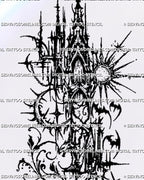 Cybersigilism tattoo stencil artwork combining fragmented gothic spires, pointed arches, three bat silhouettes, sun and moon motifs, and textured black linework.