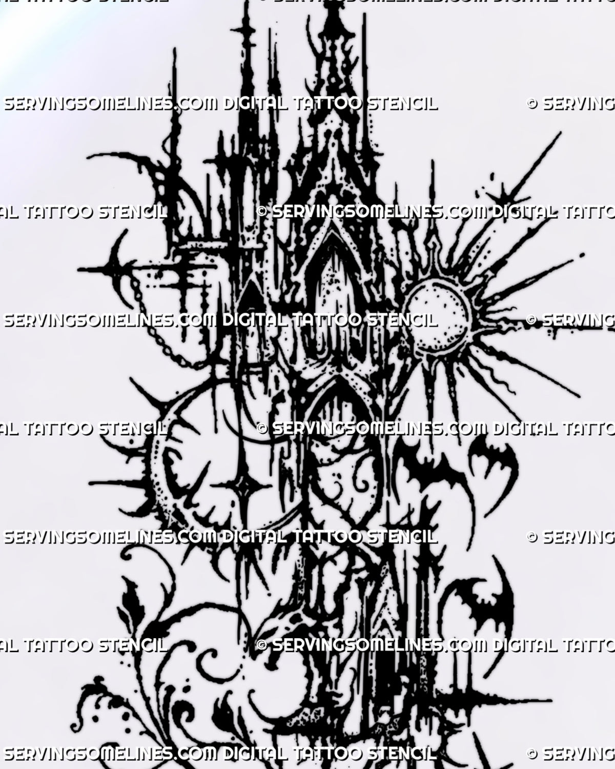 Cybersigilism tattoo stencil artwork combining fragmented gothic spires, pointed arches, three bat silhouettes, sun and moon motifs, and textured black linework.