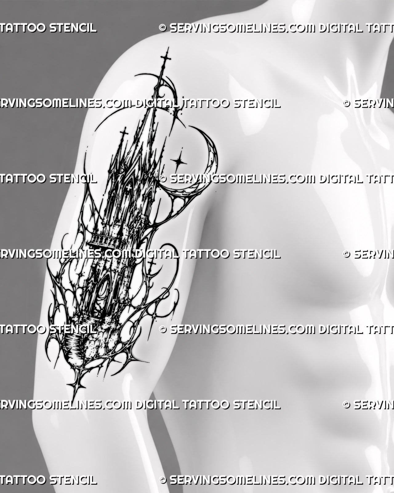 Cybersigilism gothic tower tattoo stencil shown on men’s arm with tall cathedral spire, arched windows, cross details, and vertical sigil framing