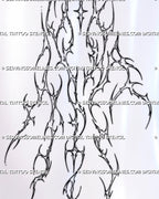 Close-up of cybersigilism hand tattoo design showing segmented armor-like outlines, sharp hooked points, central four-point star, and detailed cyber linework