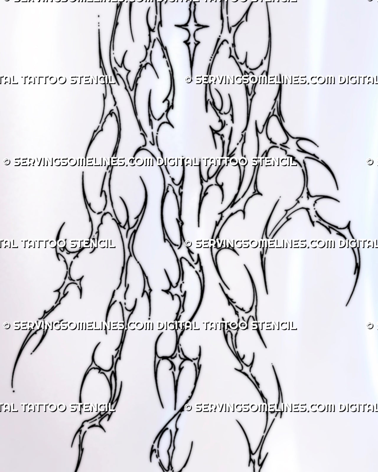 Close-up of cybersigilism hand tattoo design showing segmented armor-like outlines, sharp hooked points, central four-point star, and detailed cyber linework