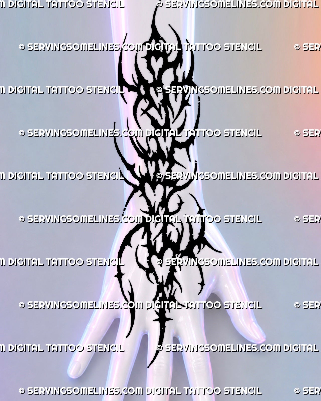 Cybersigilism heart tattoo flowing from the back of the hand through the wrist into the lower forearm with stacked blackwork hearts and sharp neotribal forms