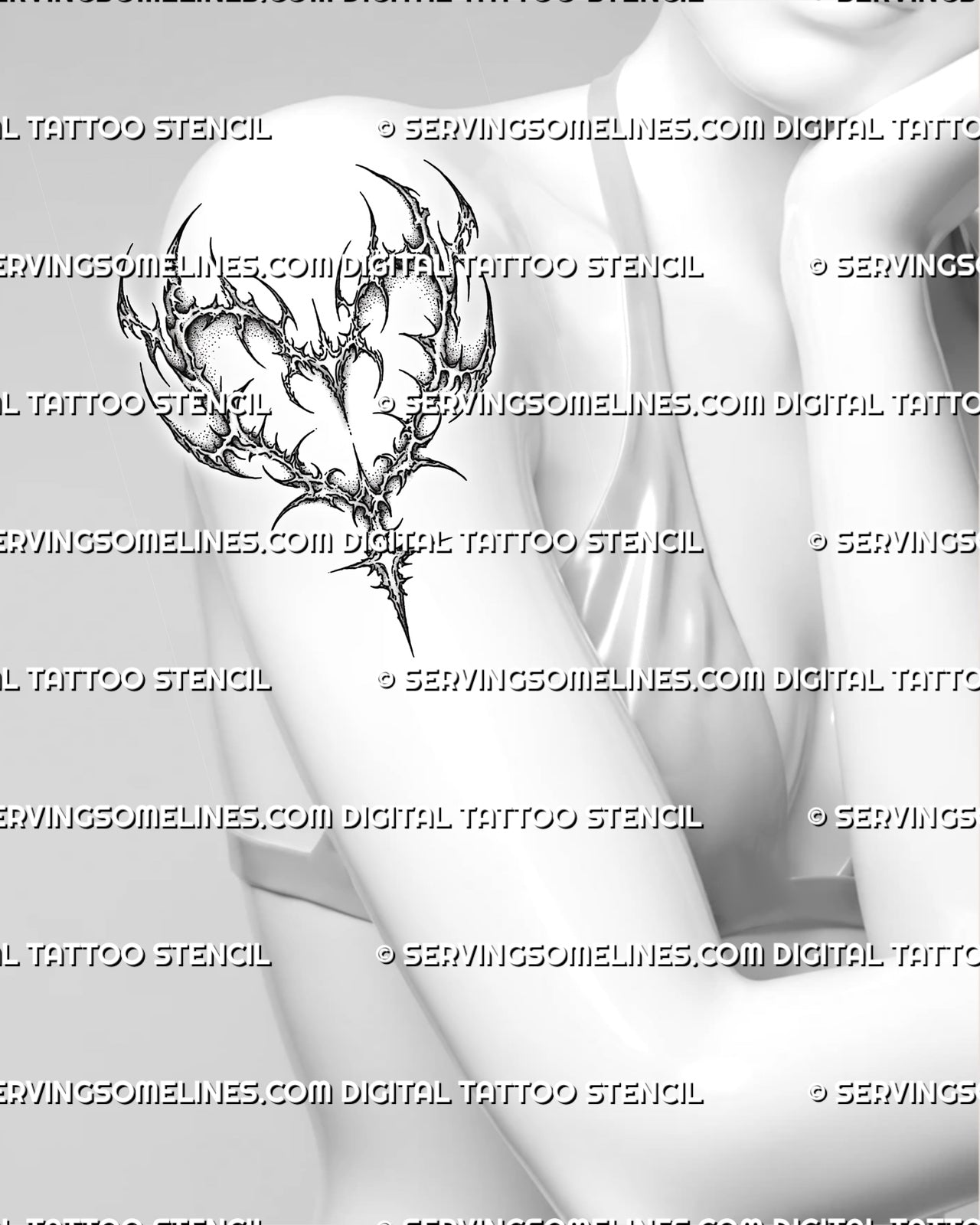 Cybersigilism heart tattoo shown on feminine upper arm placement with an open emblem shape and clean stencil lines.